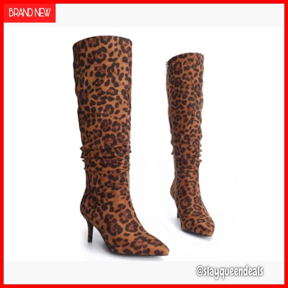 Women's Leopard Suede Leather Thigh High Boots Stiletto Heel Pointed Toe - Picture 3 of 7